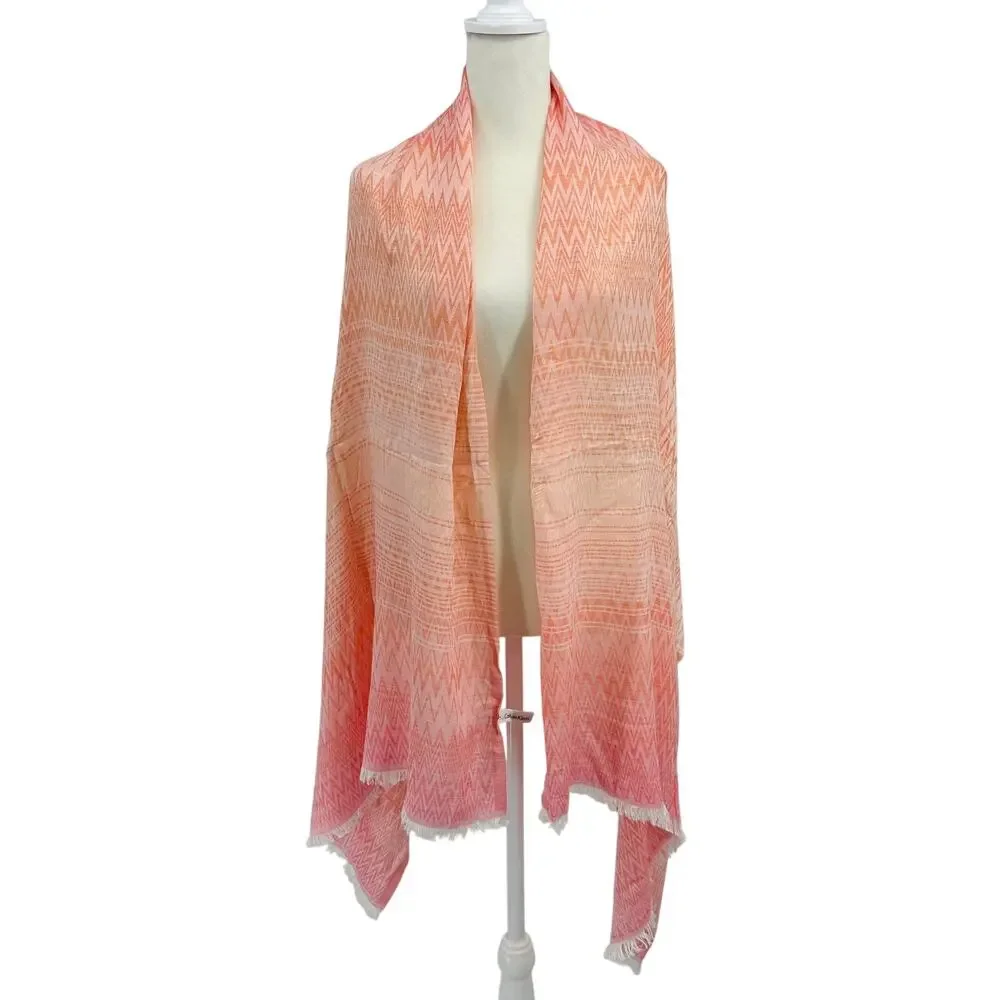 Calvin Klein Scarf Coral Chevron Lightweight Fringe Wrap Shawl Boho Coastal Chic